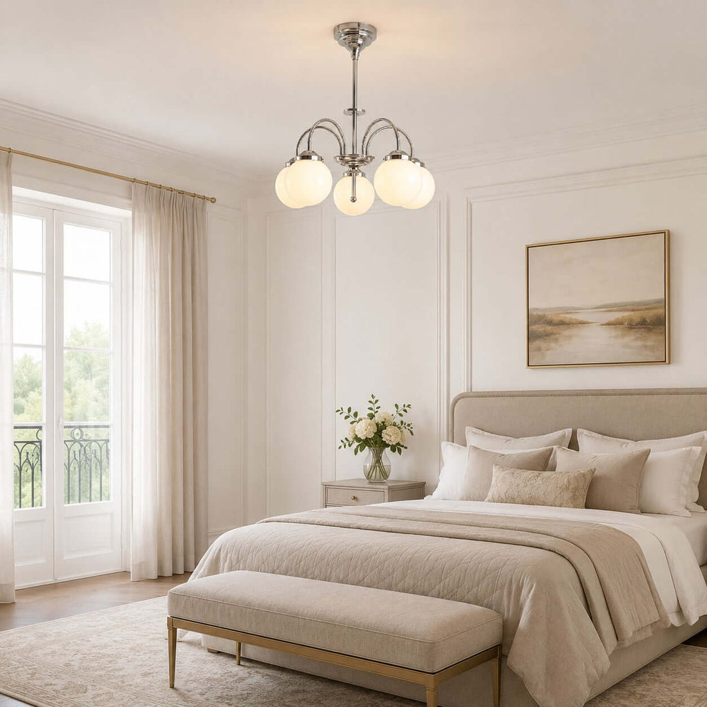 Warm light glows from the opal globes of this Clérachic chandelier above a neutral bedroom with an upholstered bench at the bed foot.