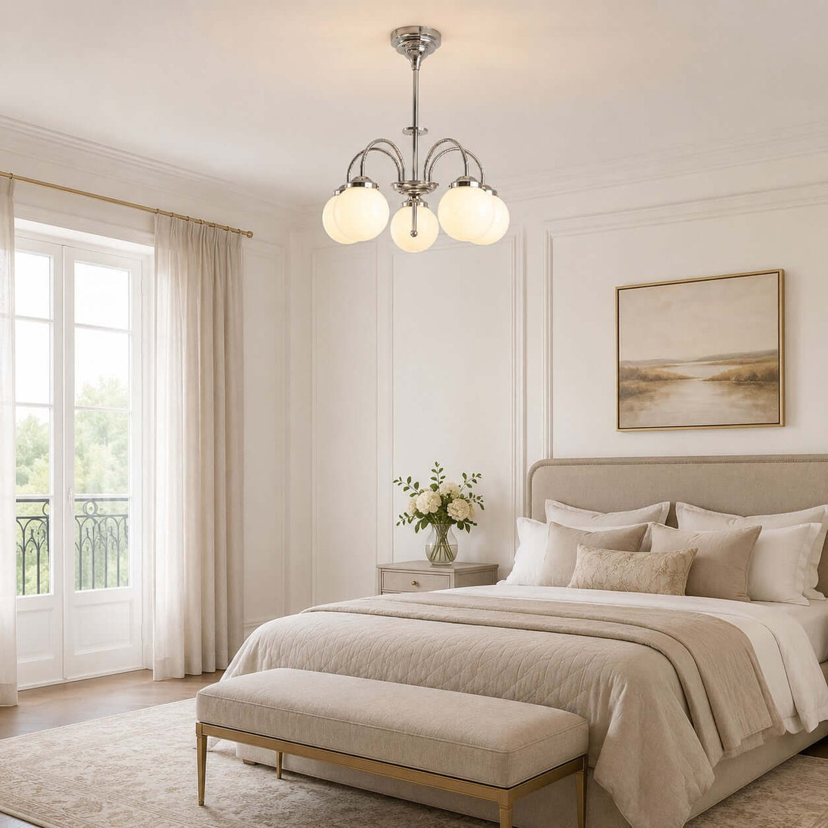Warm light glows from the opal globes of this Clérachic chandelier above a neutral bedroom with an upholstered bench at the bed foot.