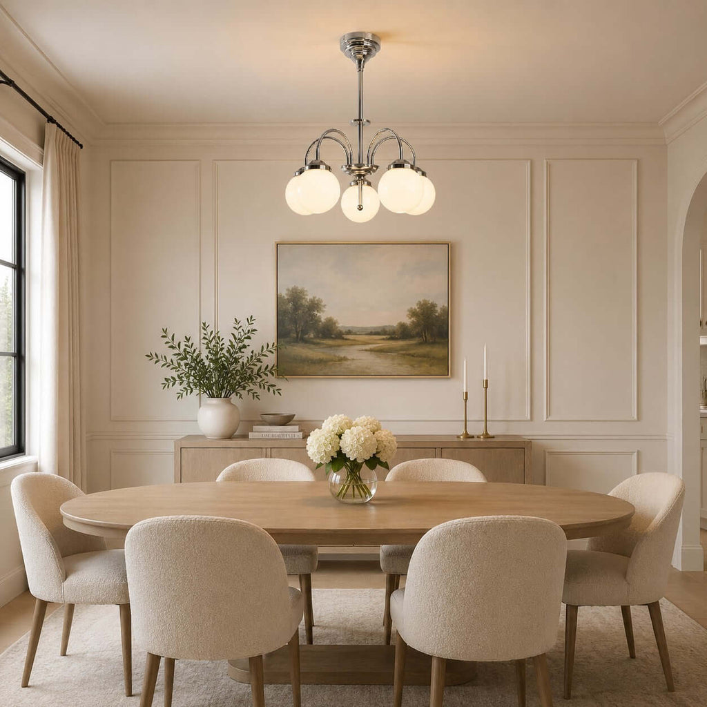 Above an oval wooden dining table with cream chairs, a Clérachic chandelier with glowing white globes hangs under a landscape painting.