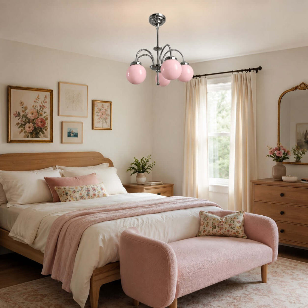 Pink-globed Clérachic chandelier over a wooden bed with a pink throw and a rose-pink bench, beside a sunlit window.