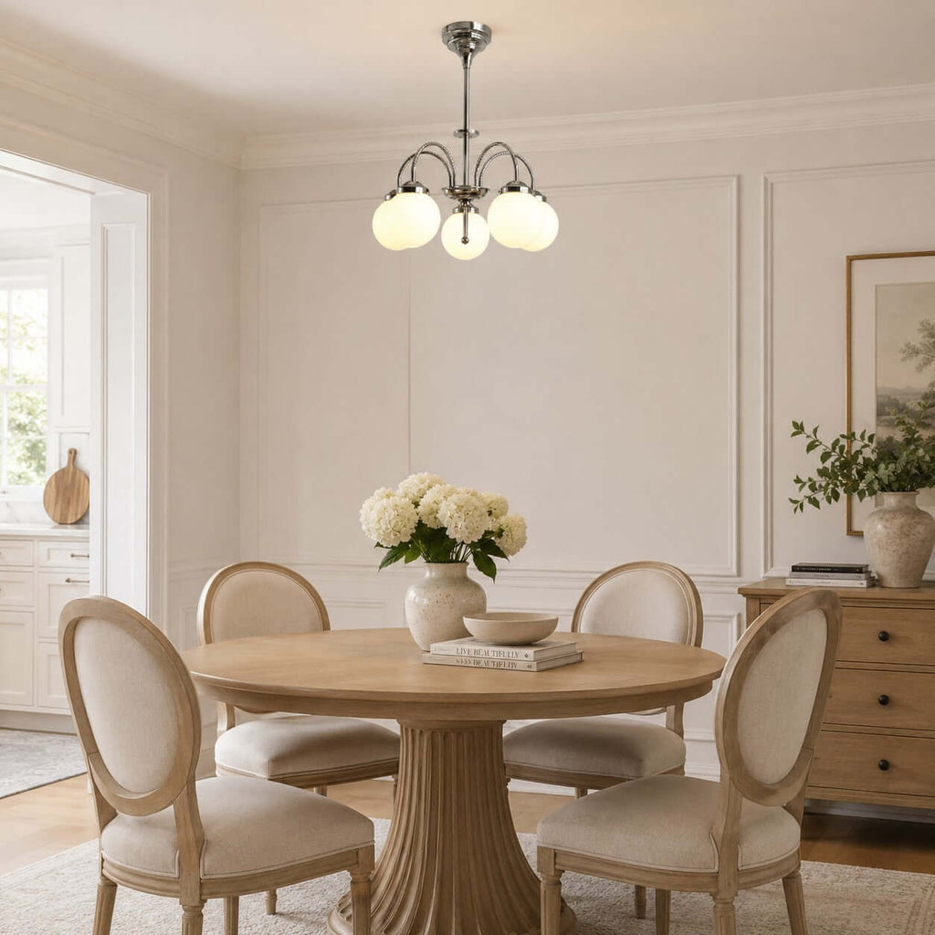 A lit Clérachic chandelier with white glass globes over a round pedestal dining table set with cane-backed chairs and white flowers.