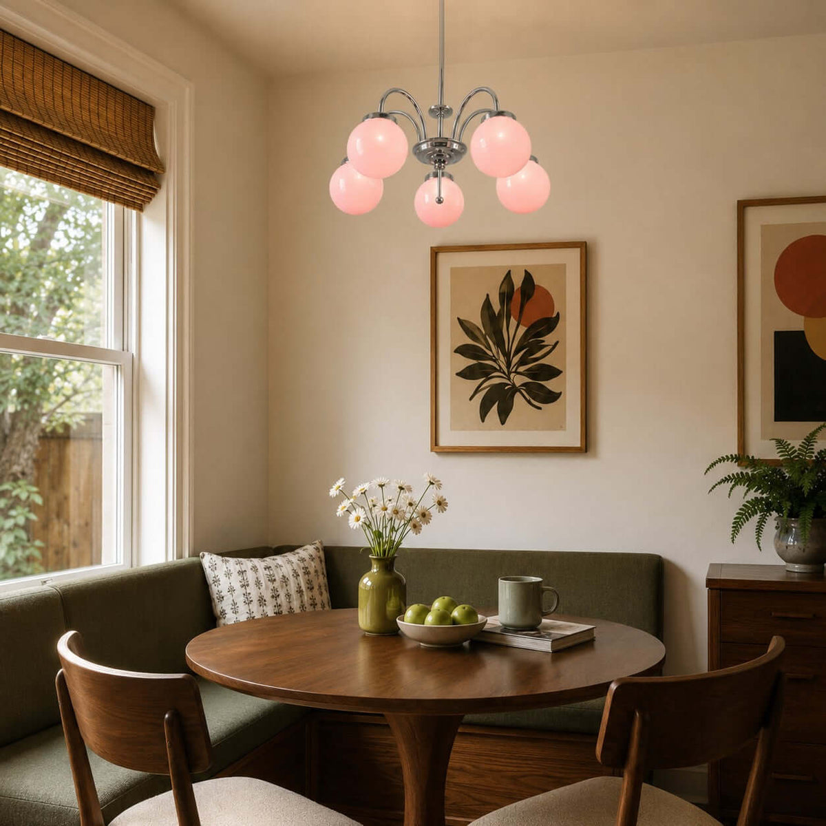 A pink globe Clérachic chandelier hangs in a small dining nook with a round wooden table, a green banquette and a botanical print.