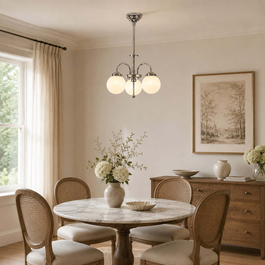White glass Clérachic chandelier lit above a round marble-top table with cane chairs, a sideboard and a vase of white blooms.