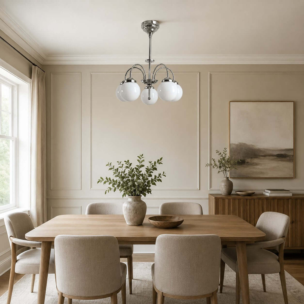 This Clérachic chandelier with white globes hangs over a long oak dining table with grey chairs, in a panelled room with a landscape print.