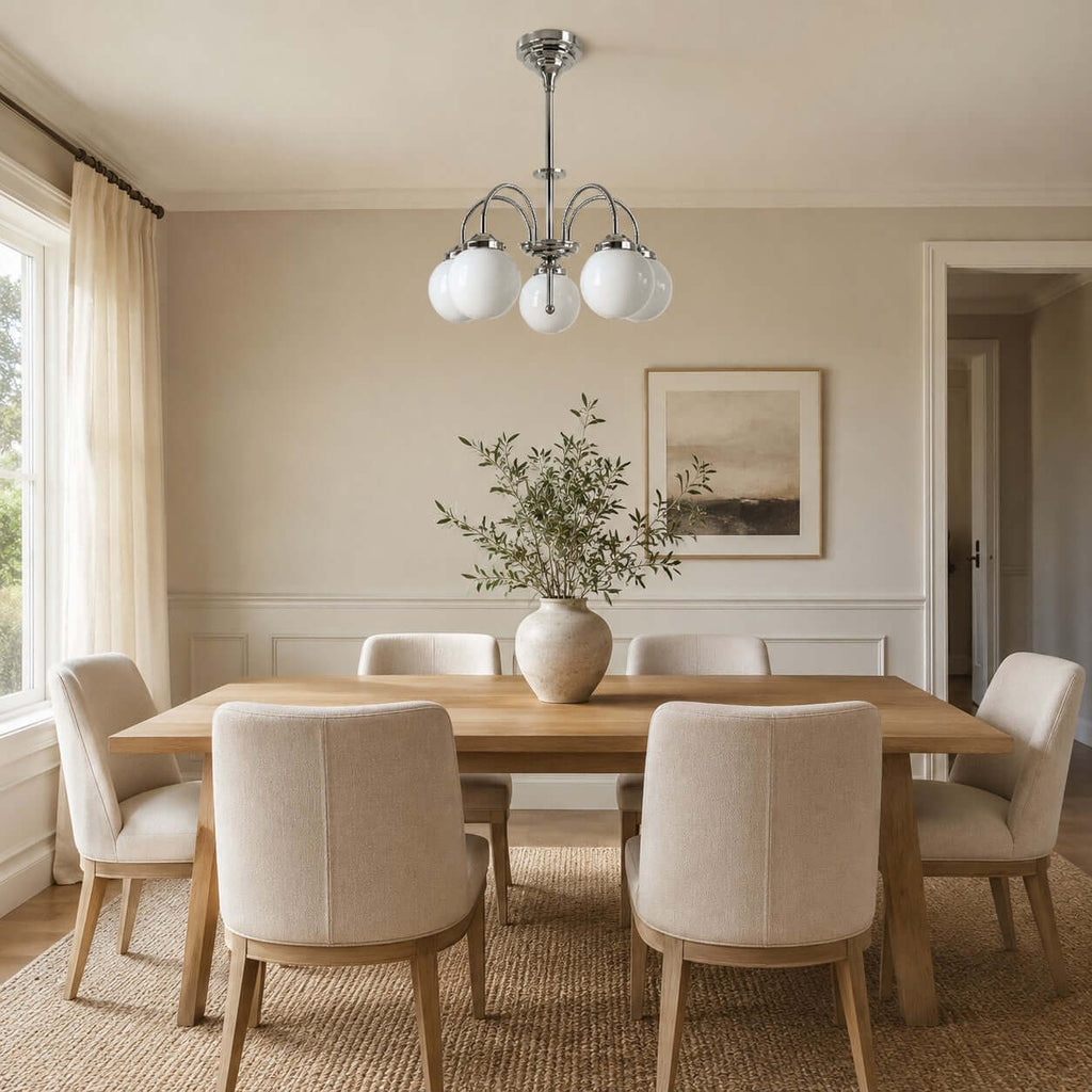 Close to a ceiling in a dining room, a Clérachic chandelier with white globes hangs above an oak table, rattan rug and linen chairs.