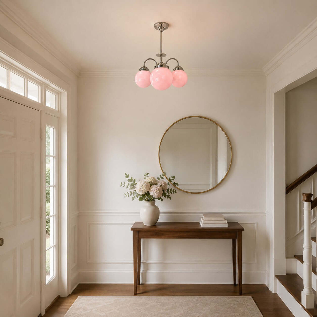 A Clérachic chandelier with three pink globes hangs in a hallway above a wooden console, a round gold-framed mirror and a stair rail.
