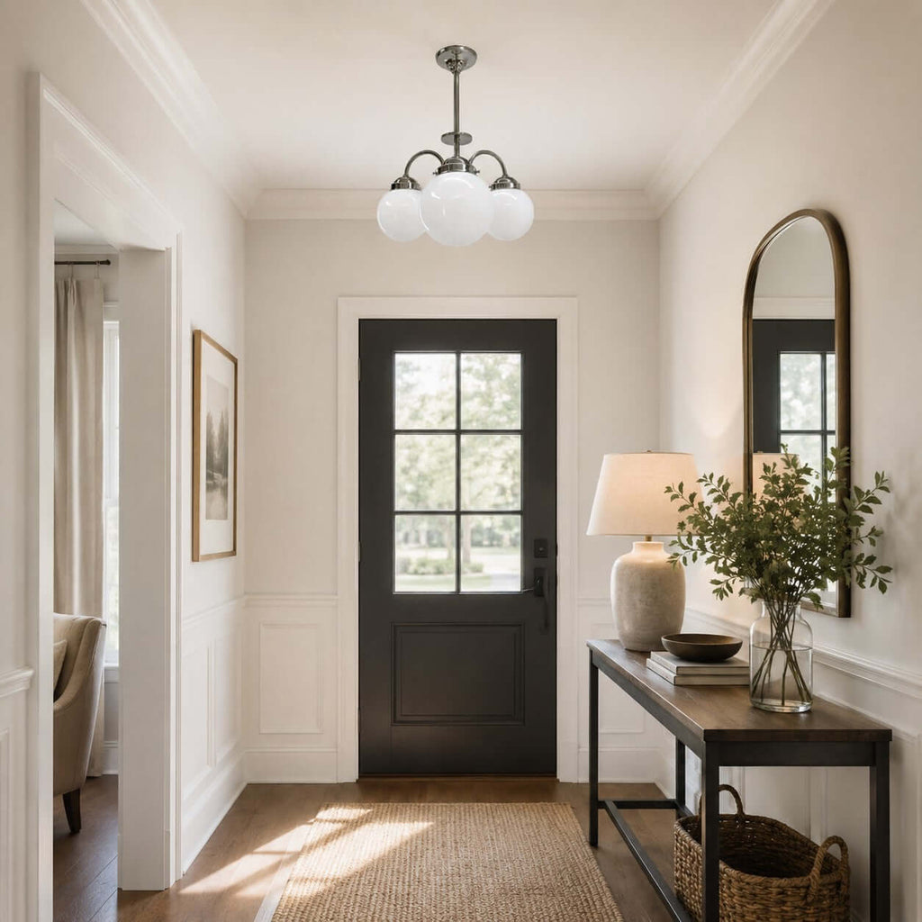 Hallway view of a Clérachic chandelier with milky white globes, a black front door, an arched mirror and a console with a basket below.