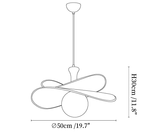 Dimension drawing of this Clérachic pendant, with its 30 cm (11.8″) height and 50 cm (19.7″) diameter marked.