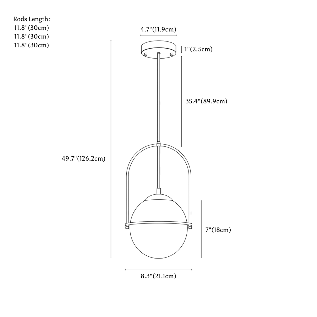 Clérachic pendant light dimension drawing, every measurement marked in centimetres and inches.