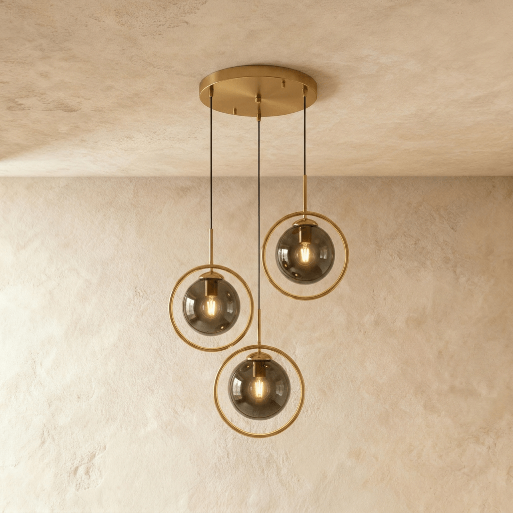 Clérachic cluster of three gold ring pendants with smoky ash glass globes at staggered heights from a round canopy in a studio