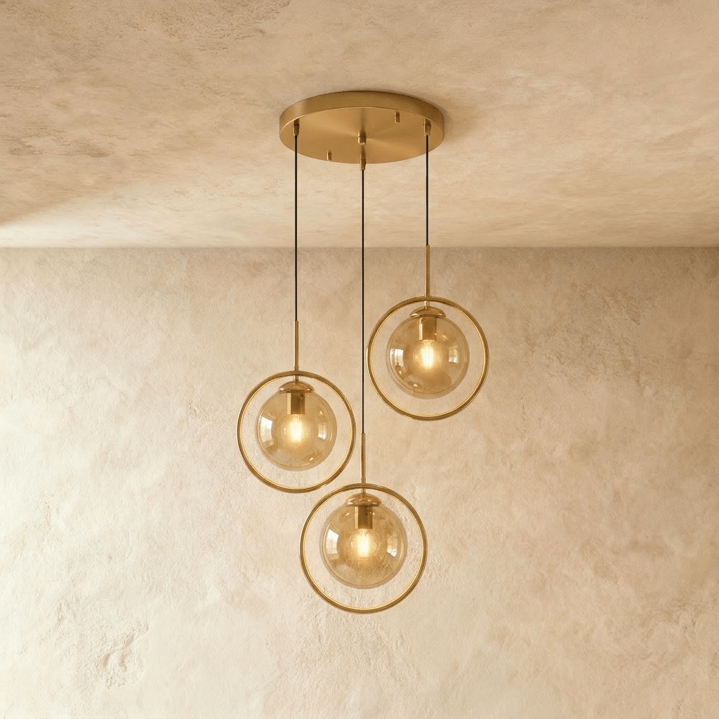 Clérachic cluster of three gold ring pendants with amber glass globes at staggered drops from a round canopy in a studio
