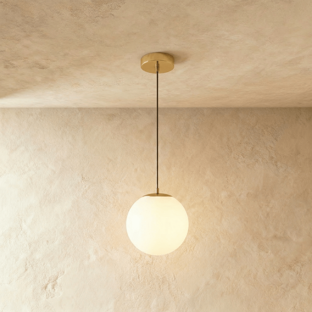 Clérachic gold pendant with a small white opal glass globe on a slim cord below a round gold canopy, shown in a studio