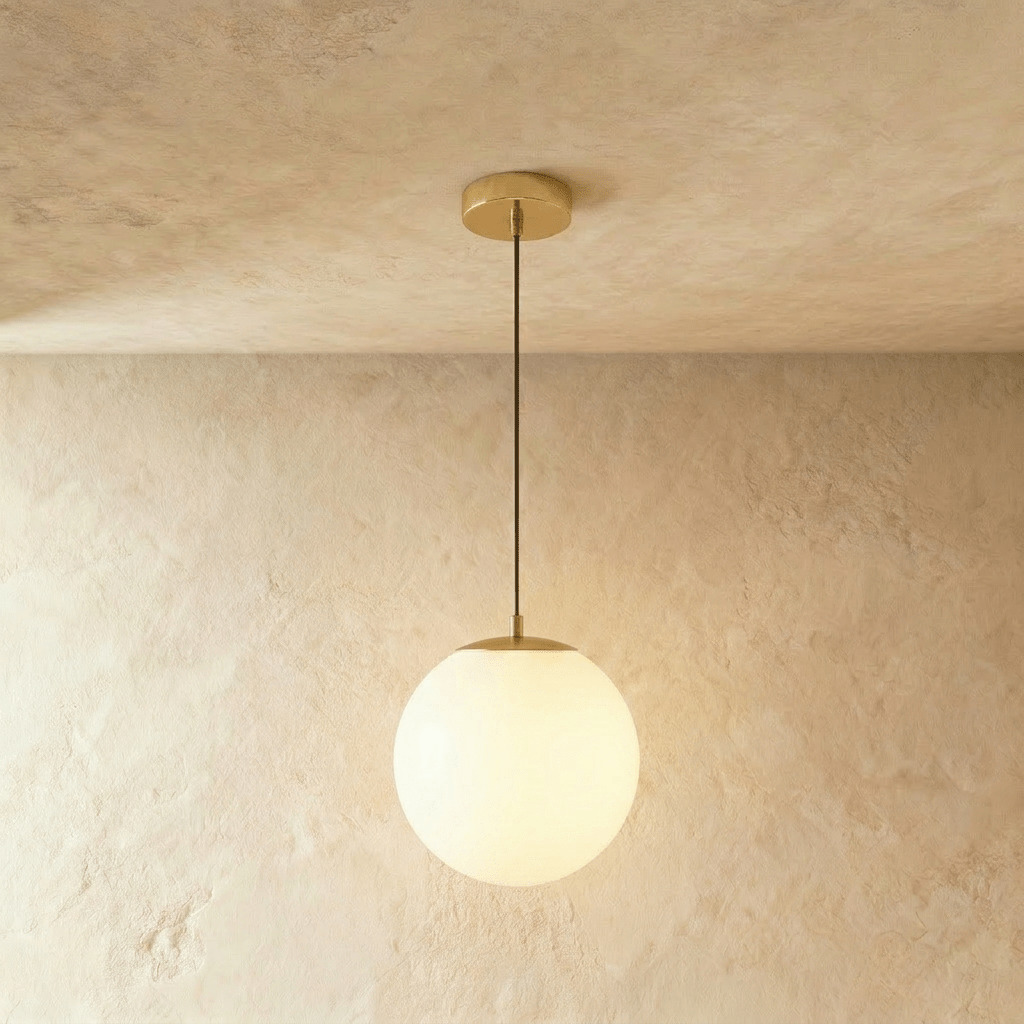 Clérachic gold pendant with a medium white opal glass globe on a slim cord below a round gold canopy, in a studio