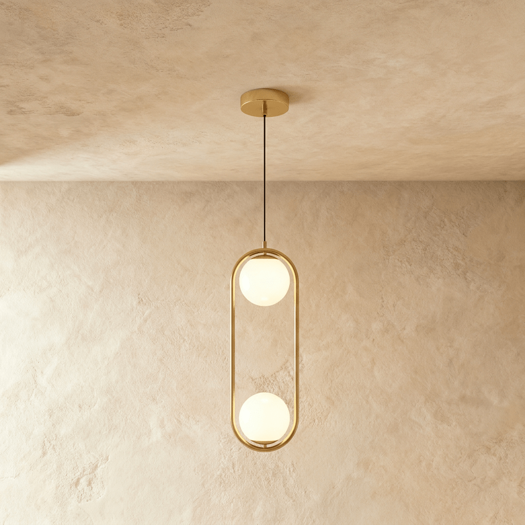 Clérachic tall gold oval frame pendant holding two white opal glass globes, one above the other, shown in a studio
