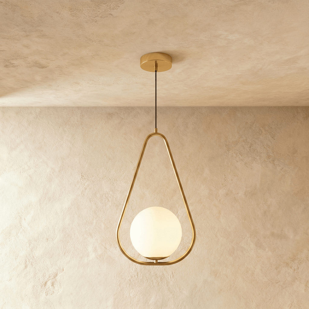 Clérachic gold teardrop frame pendant with a white opal glass globe at its base, hung on a cord in a studio