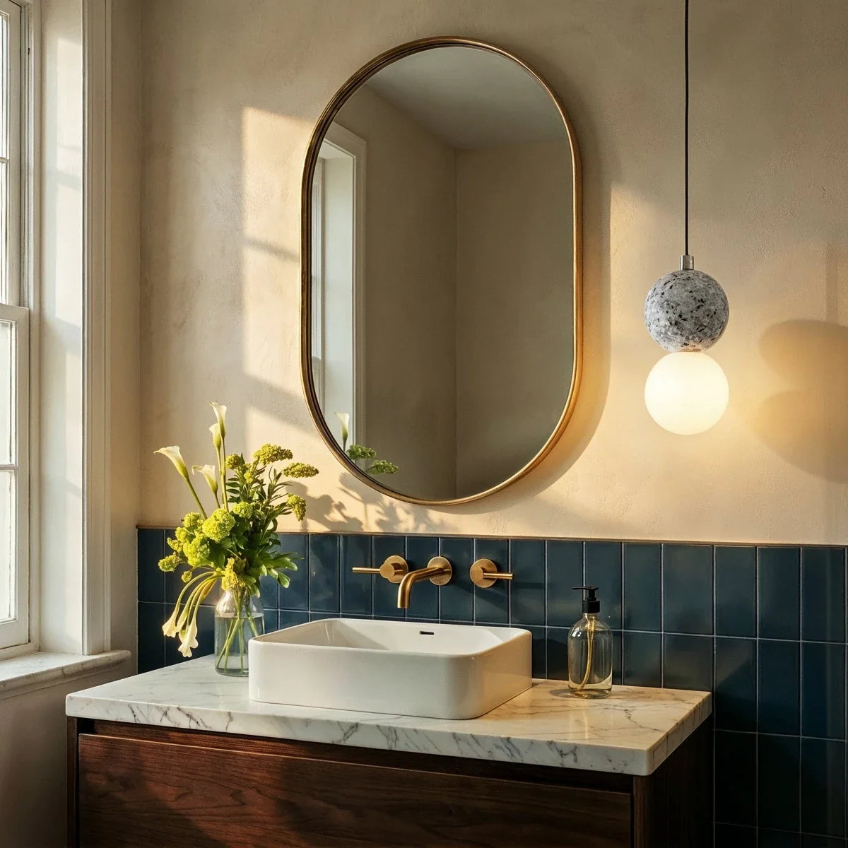 Clérachic two-globe pendant with a grey terrazzo sphere hung beside a brass-framed oval mirror above a marble vanity.