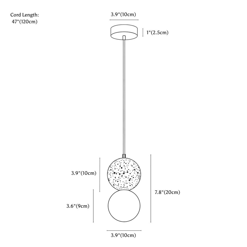 Clérachic pendant light dimension drawing, every measurement marked in centimetres and inches.