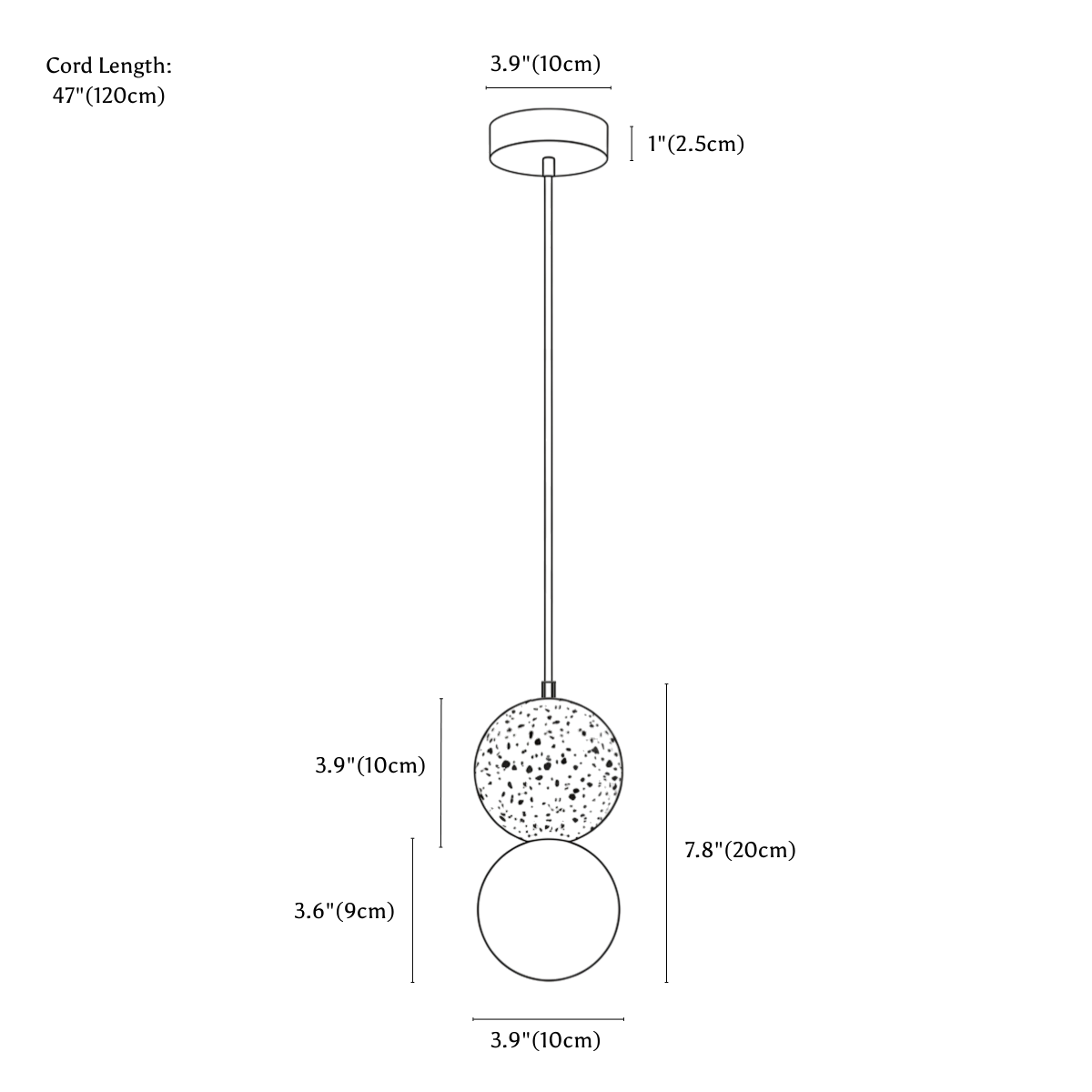 Clérachic pendant light dimension drawing, every measurement marked in centimetres and inches.