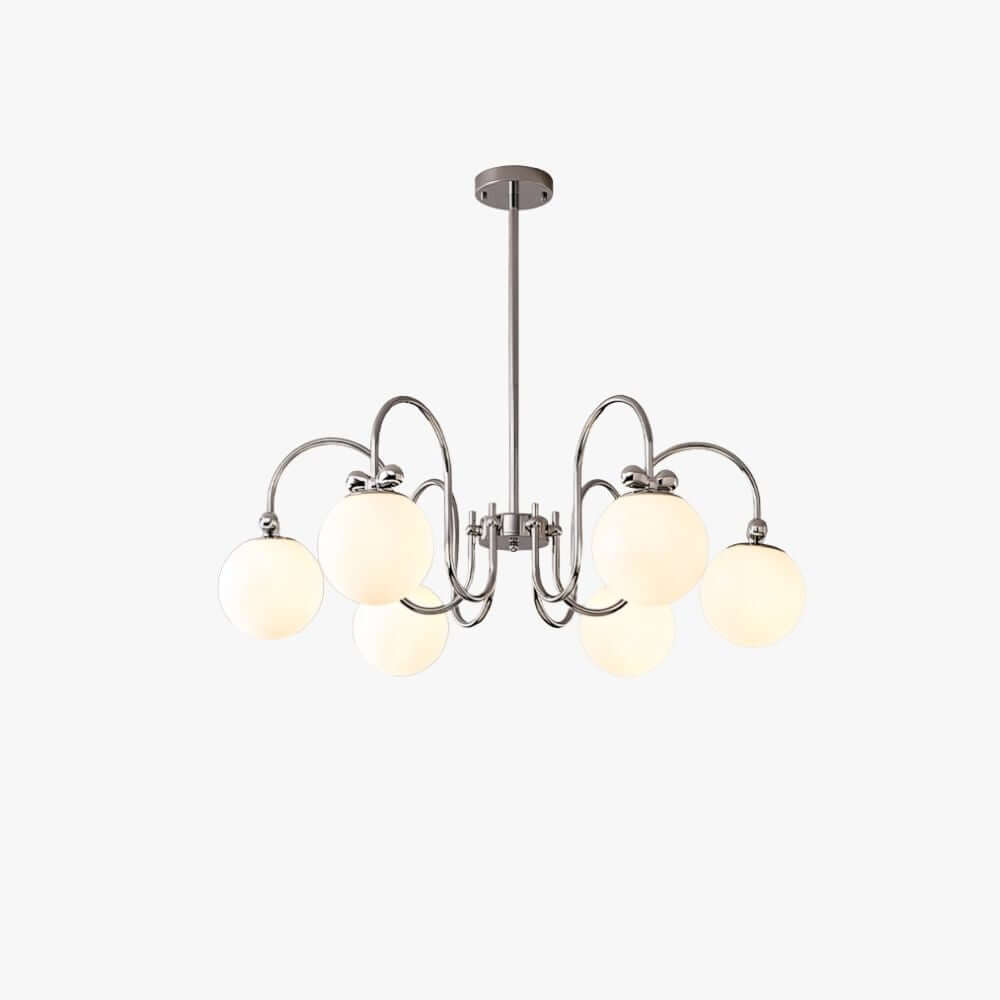 Polished chrome arms curl out from a central rod to frosted white glass globes on this Clérachic chandelier, on a white backdrop.