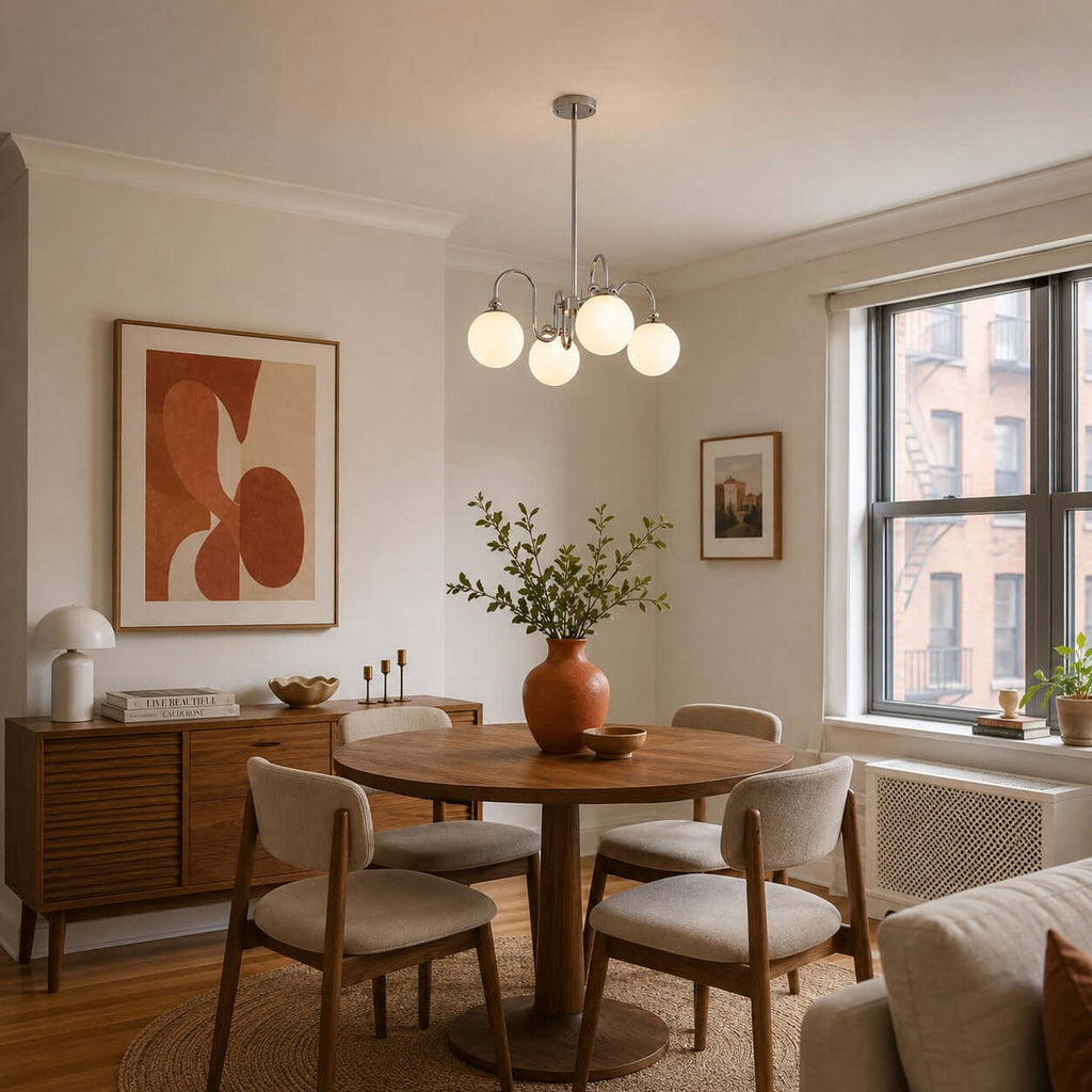 Above a round walnut dining table with cushioned chairs, a Clérachic chandelier lights a bright room with a tall window and a red vase.