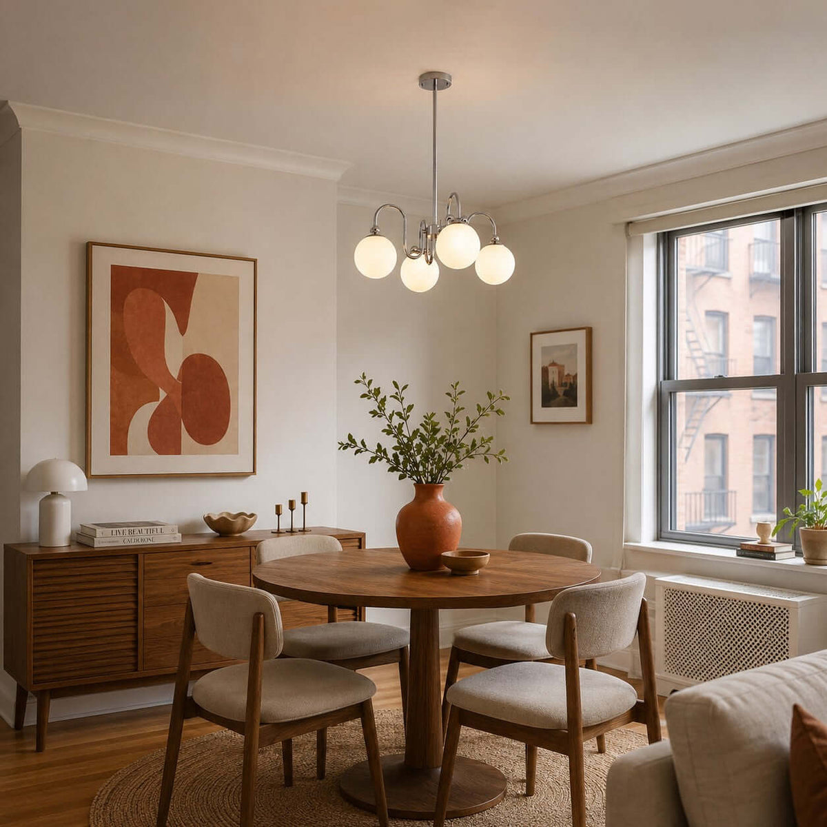 Above a round walnut dining table with cushioned chairs, a Clérachic chandelier lights a bright room with a tall window and a red vase.