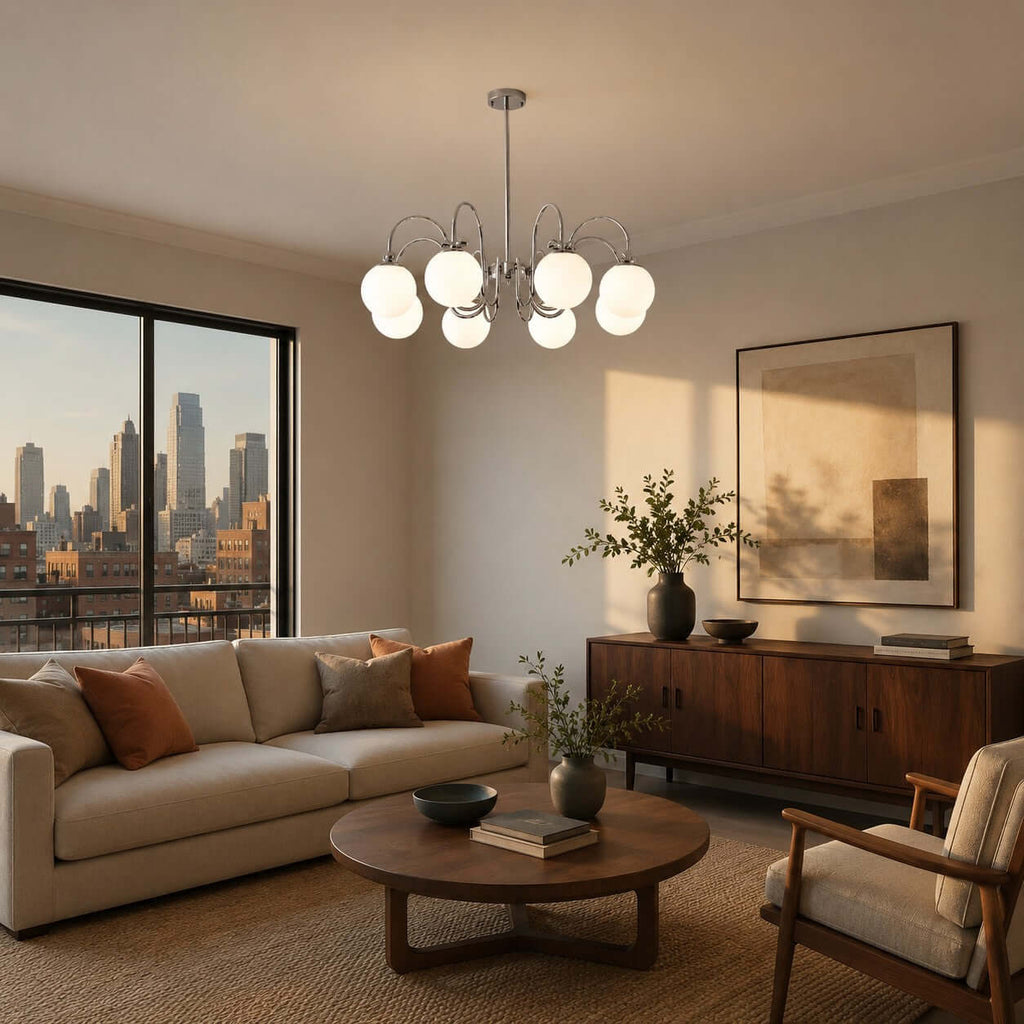 A Clérachic chandelier with white glass globes hangs over a cream sofa and round wood coffee table, a city skyline in the window.