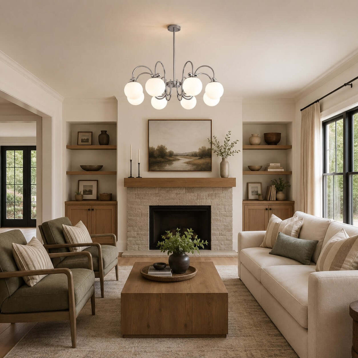 Glass globes on chrome arms hang before a fireplace in a living room with olive armchairs, a Clérachic chandelier.