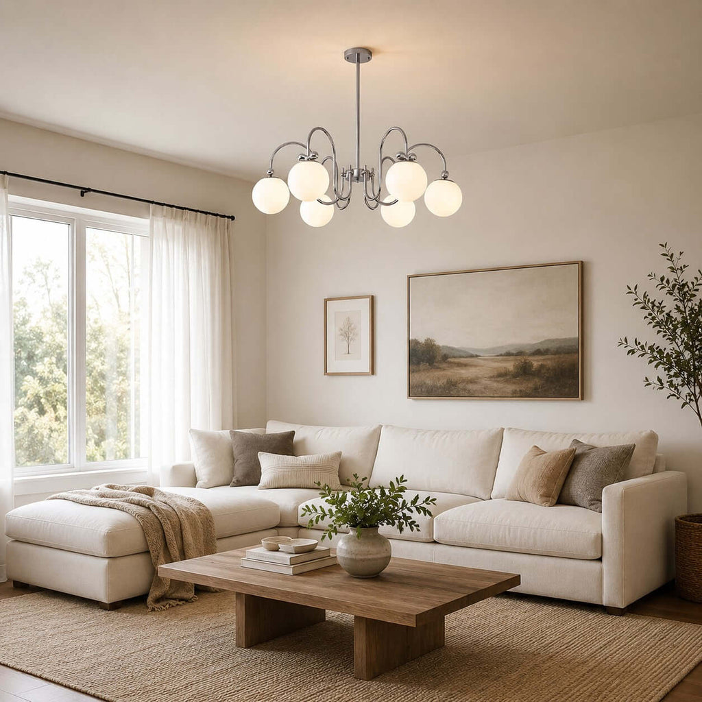 A Clérachic chandelier hangs low in a living room with a white sectional, sheer curtains and a rustic wood coffee table.