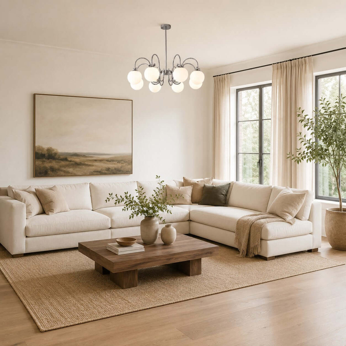 This Clérachic chandelier hangs in a neutral sitting room with a white corner sofa, jute rug and a large landscape painting.