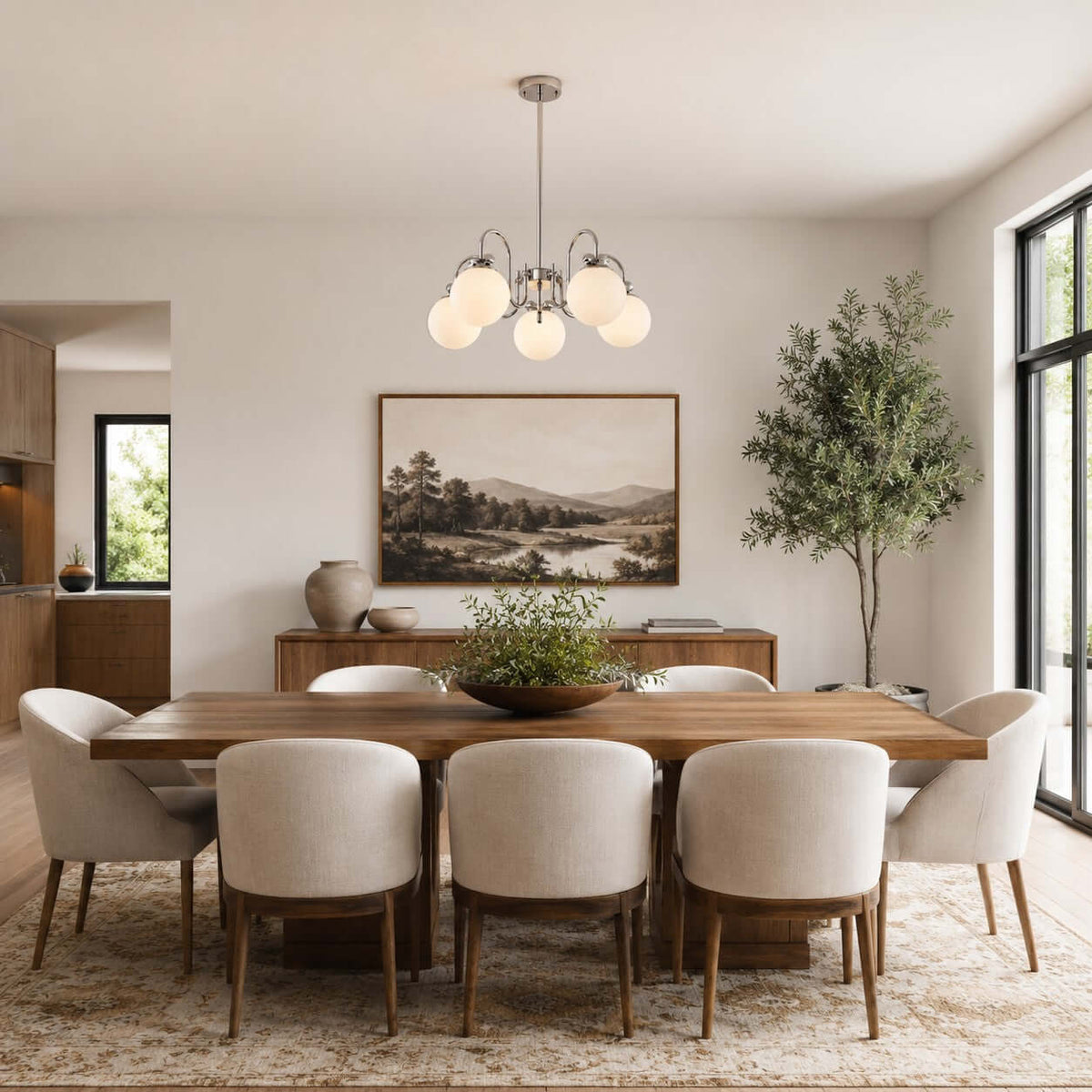 A Clérachic chandelier lit over a long wooden dining table with six cream upholstered chairs and an olive tree beside it.