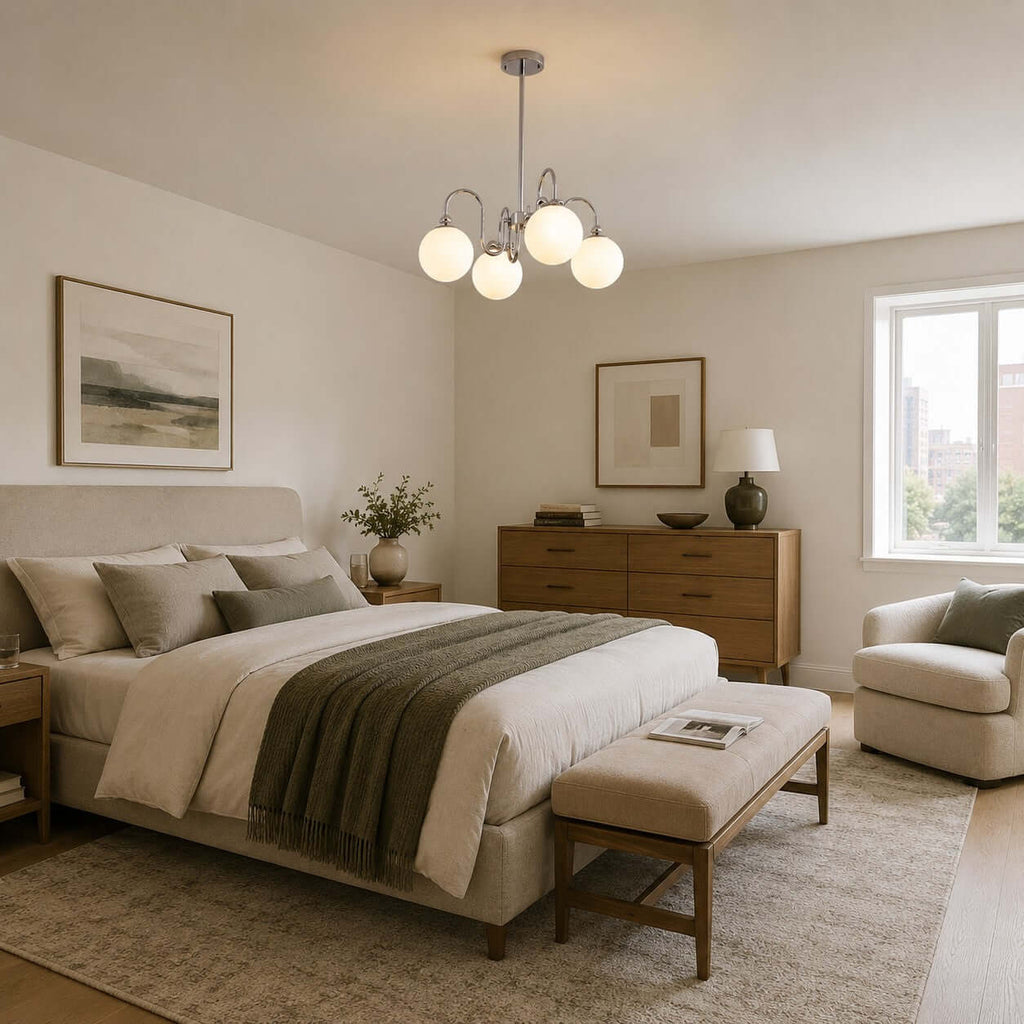 Bedroom view of this Clérachic chandelier, with a grey-green throw on the bed, a wooden chest of drawers and a window behind.