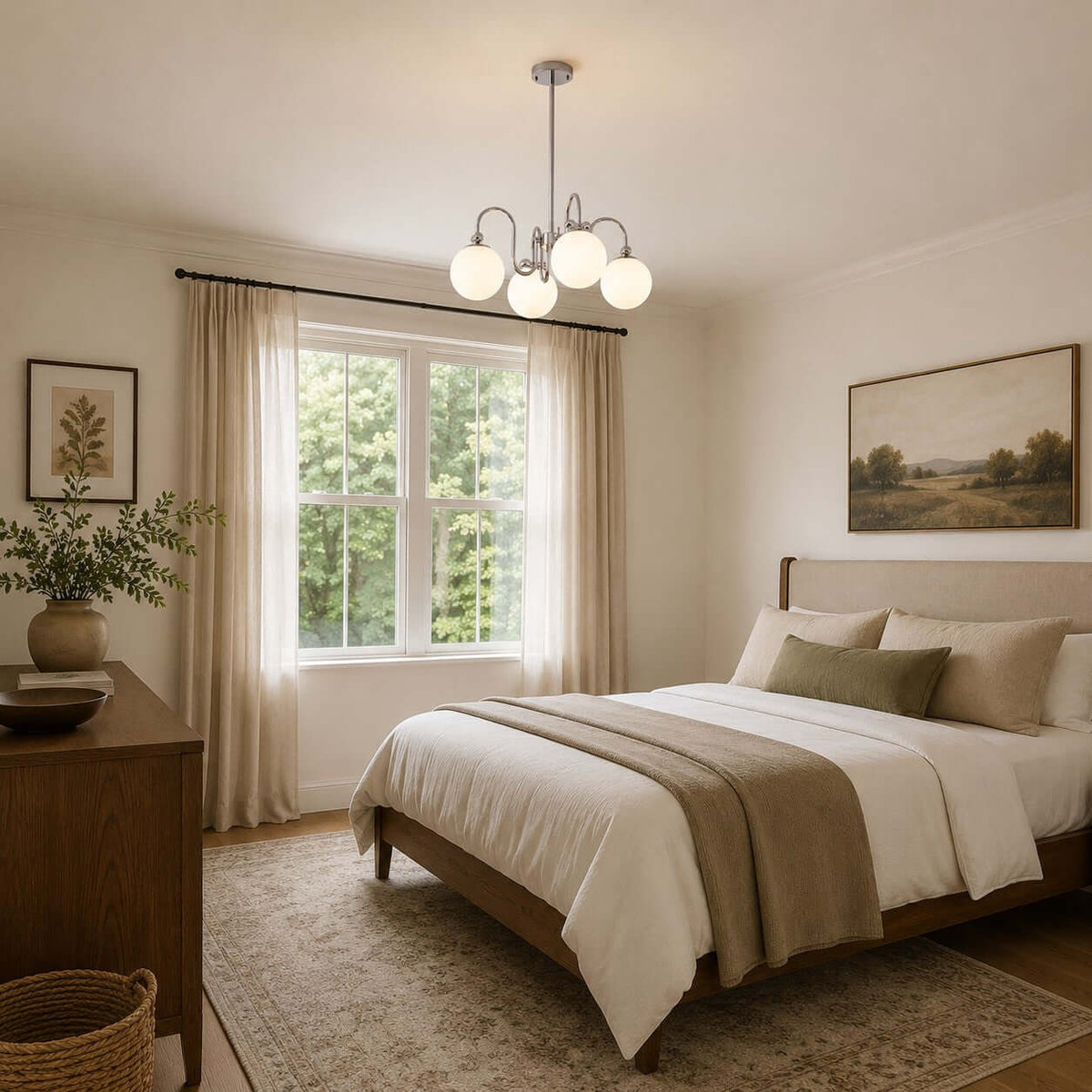 A Clérachic chandelier with chrome arms and white globes above a wooden bed dressed in cream, with sheer curtains at the window.