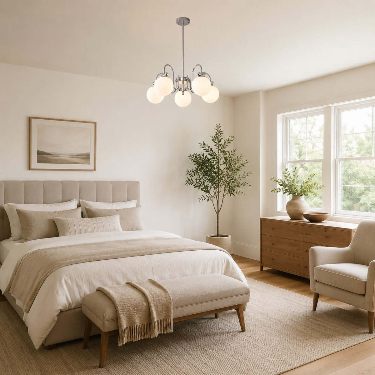 This Clérachic chandelier hangs in a bedroom with a tufted headboard, a throw over the bench and an olive tree at the corner.