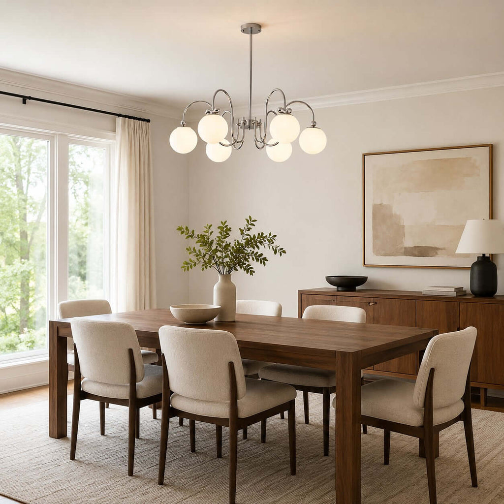Seen from the side, a Clérachic chandelier hangs low above a walnut dining table with cream chairs and a sideboard.