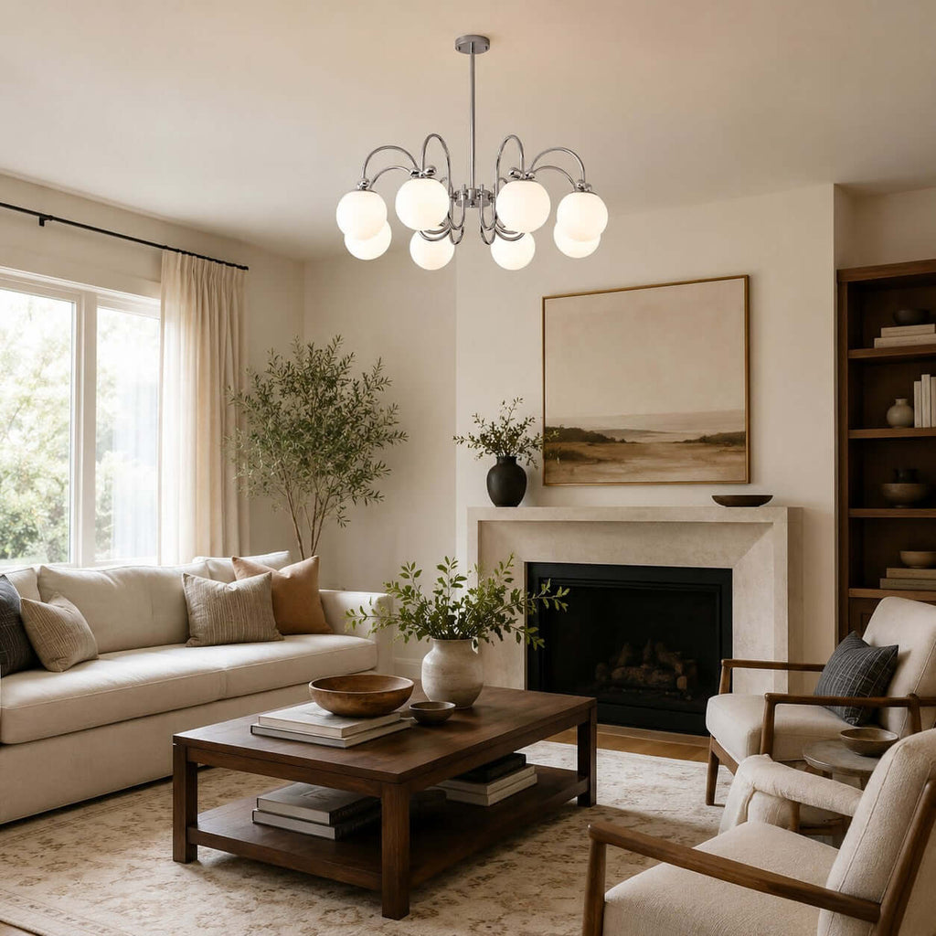 In a living room with a stone fireplace and a dark wood coffee table, this Clérachic chandelier lights the cream sofa.