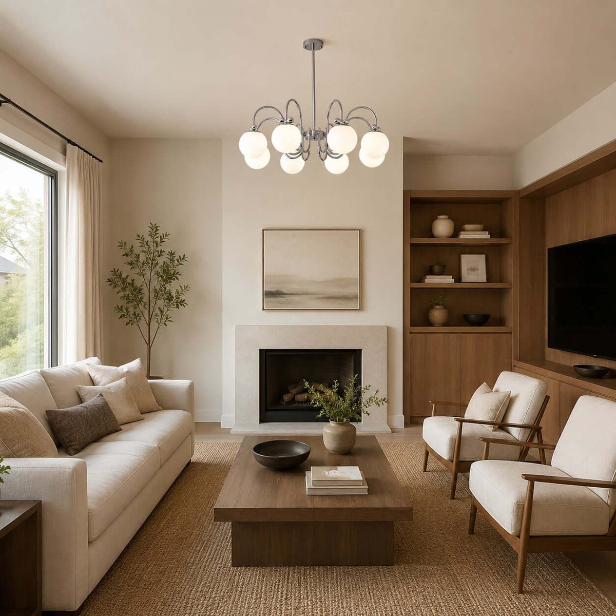 A Clérachic chandelier above a living room with a low wood table, built-in shelves and two cream armchairs.