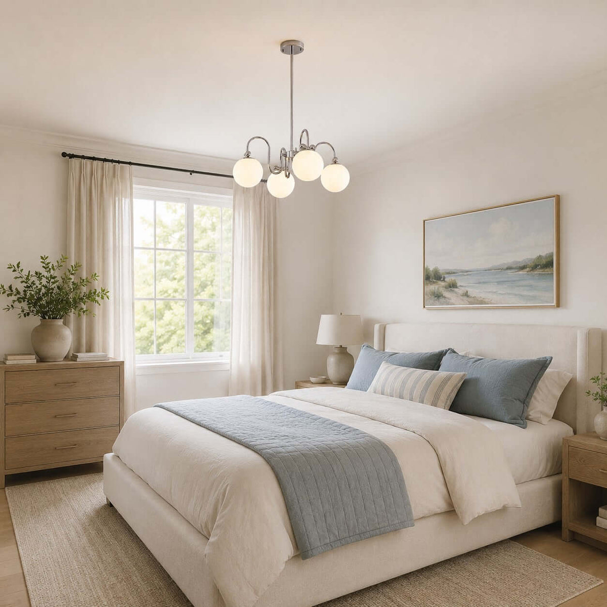 This Clérachic chandelier hangs in a bedroom with blue and cream bedding, pale wood bedside chests and a seascape painting.