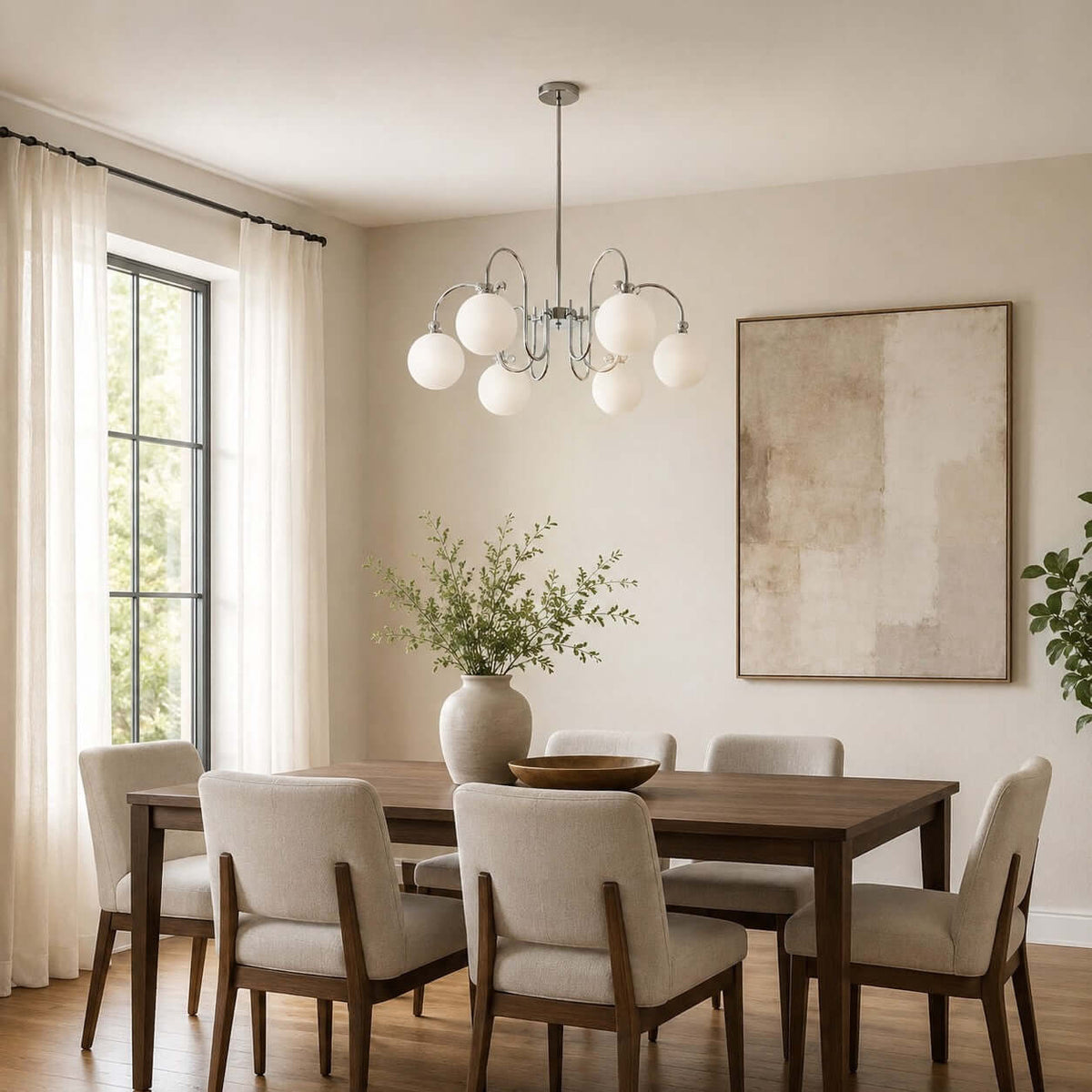 A Clérachic chandelier hangs from a long rod in a dining room with a wooden table, upholstered chairs and a tall window.