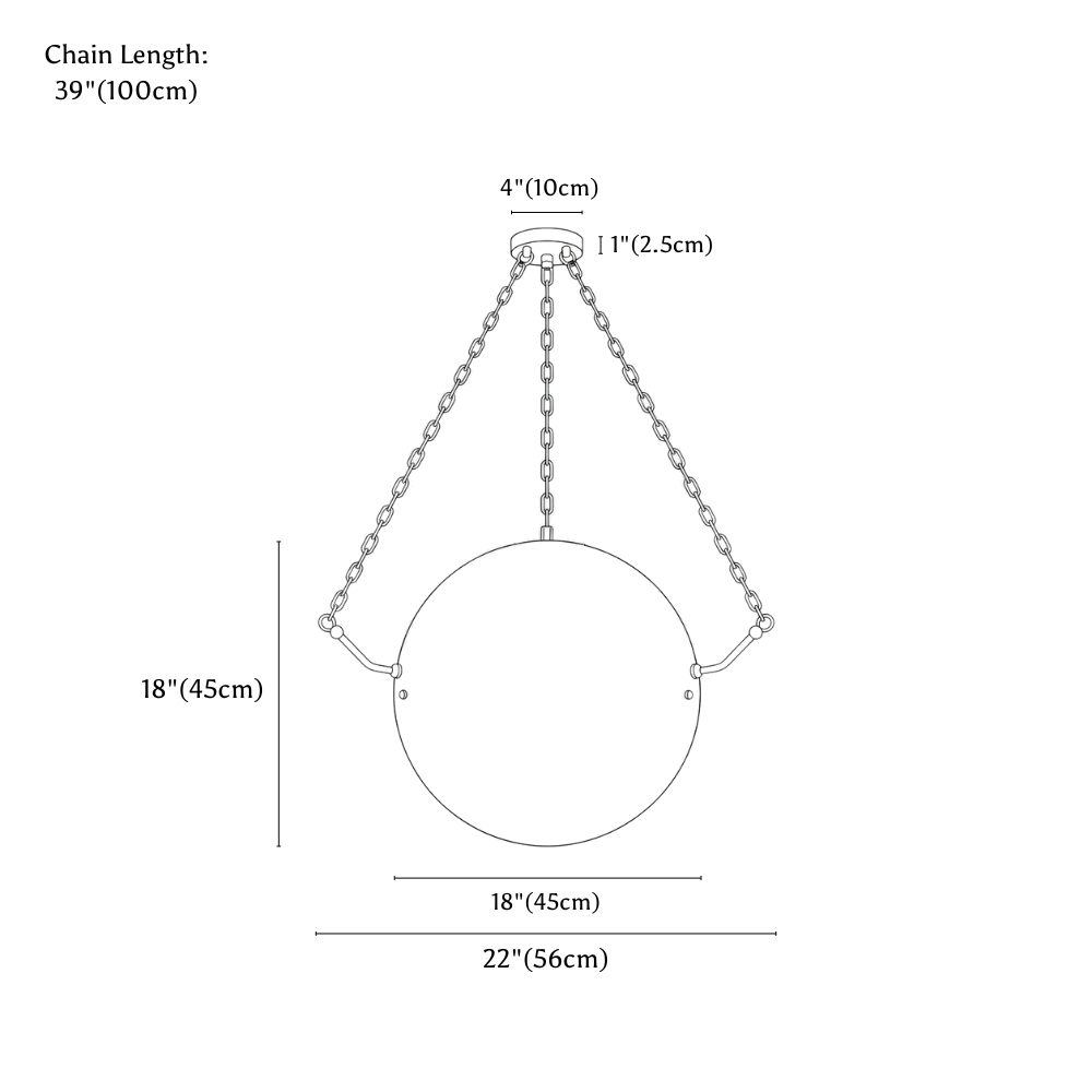 Clérachic pendant light dimension drawing, larger globe, 56 cm wide, every measurement marked in centimetres and inches.