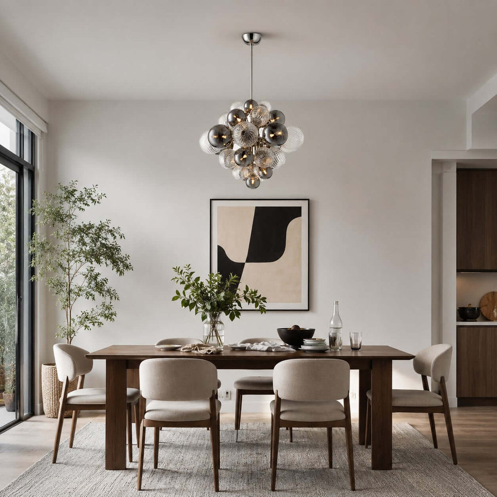 Clérachic globe chandelier hung above a dark wood dining table with cream chairs, in a room with a tall window and a potted tree.