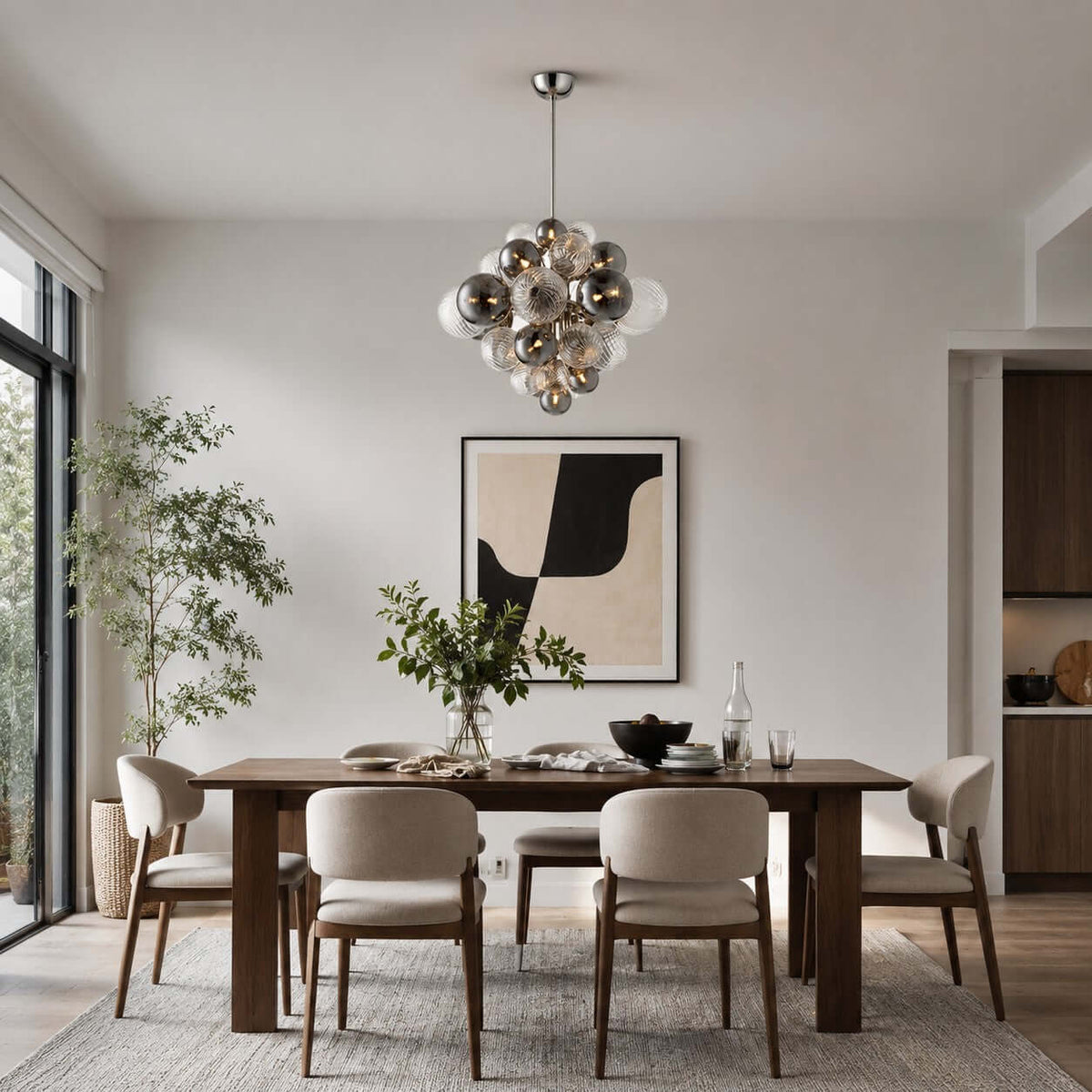 Clérachic globe chandelier hung above a dark wood dining table with cream chairs, in a room with a tall window and a potted tree.