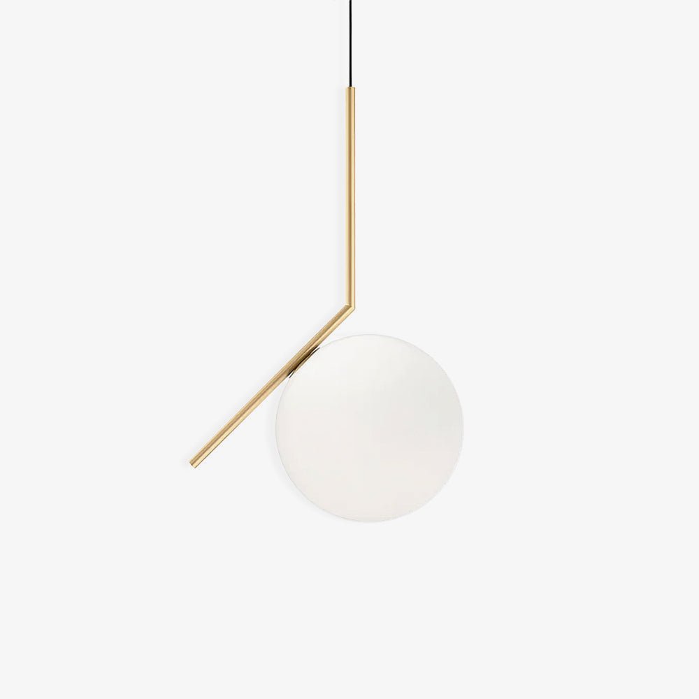 A Clérachic globe pendant on a plain white backdrop, its brass stem bent at an angle above a frosted white glass ball.
