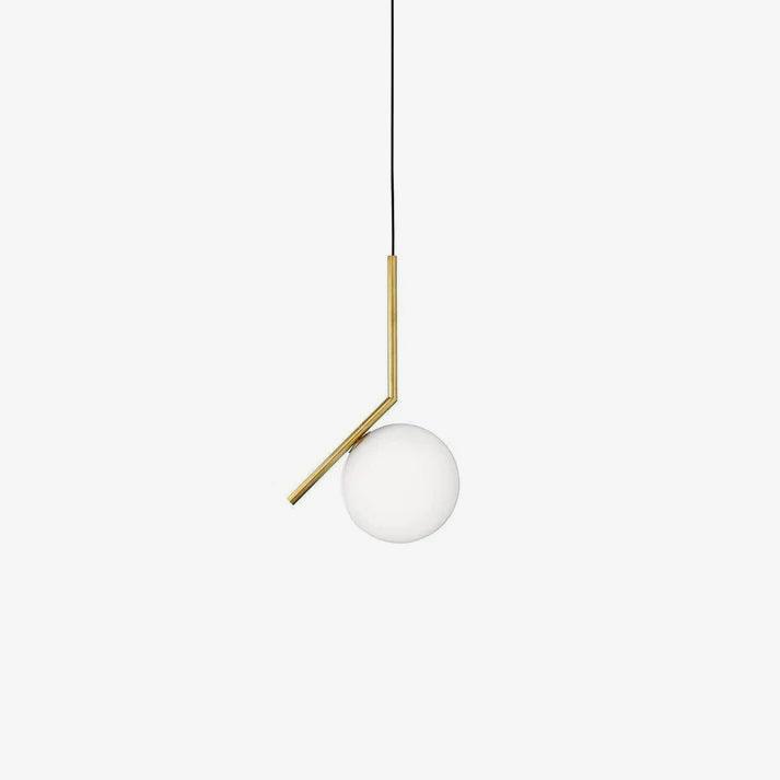 A small Clérachic globe pendant in frosted glass hangs from a thin black cord and a short brass stem on a white backdrop.