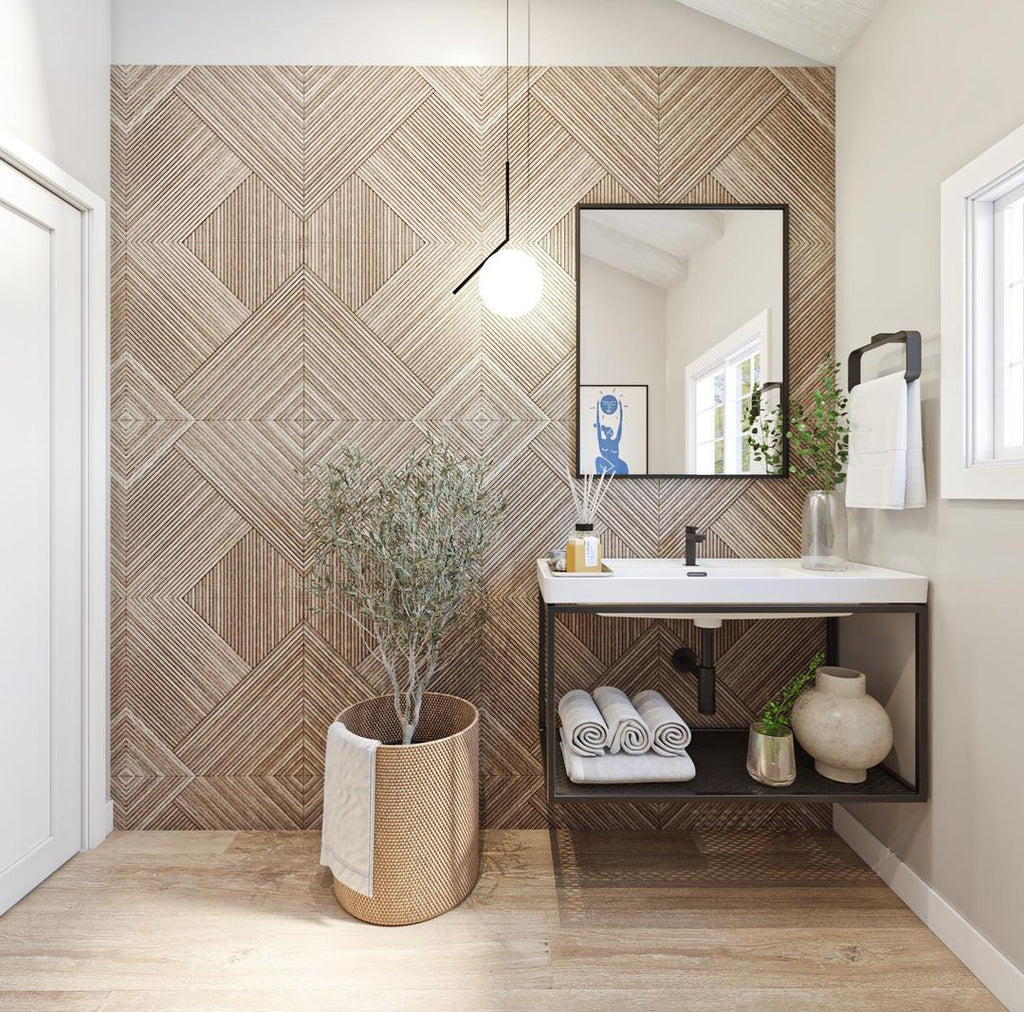 A small Clérachic globe pendant with a black stem hangs in a bathroom with a geometric timber wall, an olive tree and a floating basin.