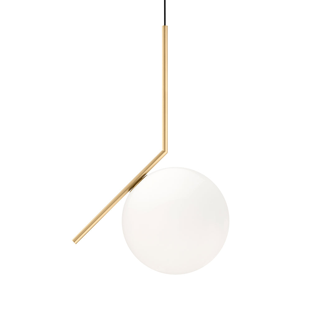 Studio shot of a large Clérachic globe pendant on white, with a slim brass stem bent at an angle over a smooth white glass ball.
