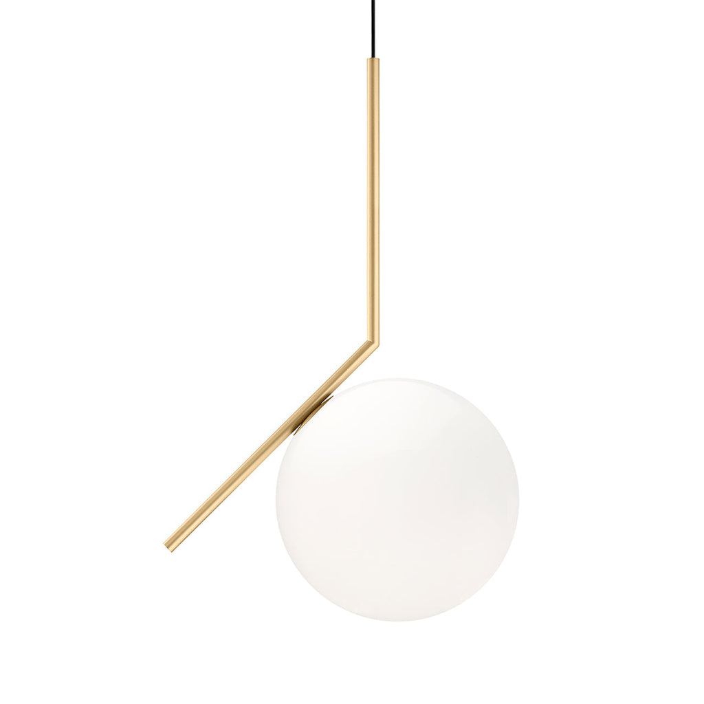 A Clérachic globe pendant on a white backdrop, with a brass stem bent at an angle over a plain, evenly lit white glass globe.