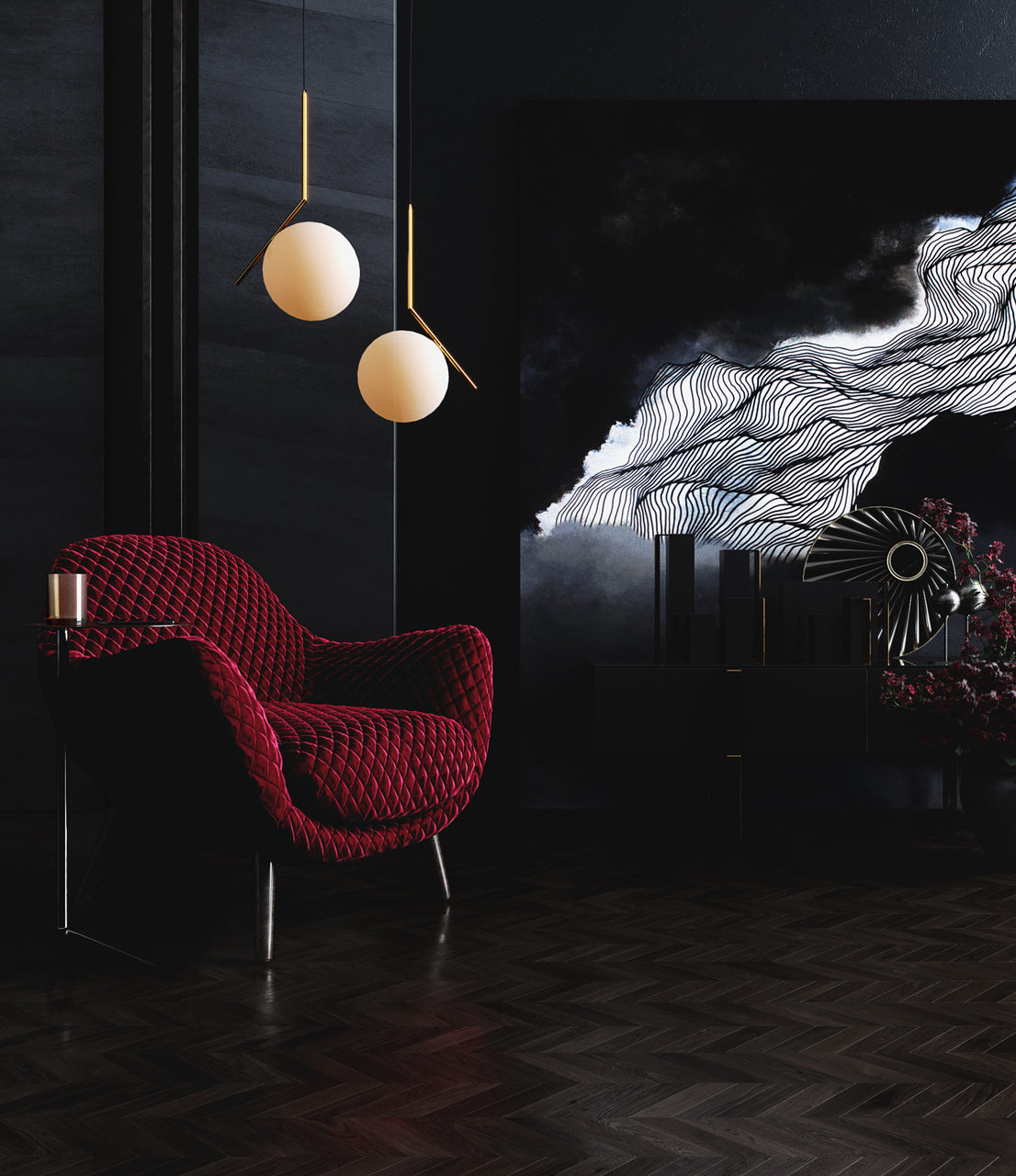 Two Clérachic globe pendants with a warm glow hang over a red patterned armchair in a dark, moody room with a dark floor.