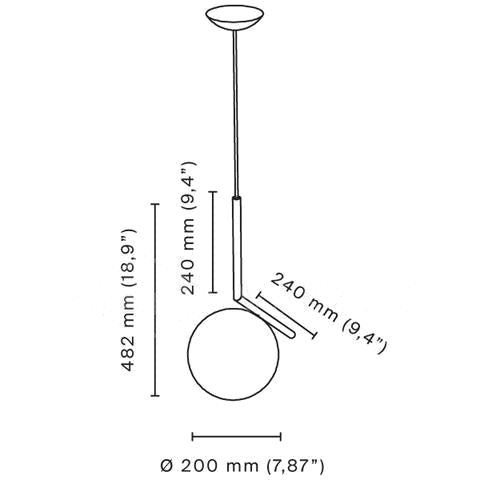 Clérachic pendant light dimension drawing, every measurement marked in centimetres and inches.