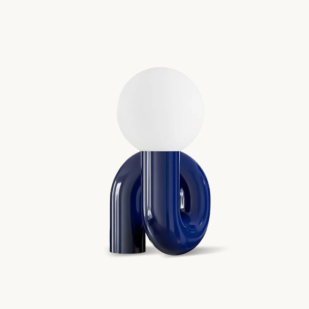 Blue Clérachic table lamp with a white glass globe on a glossy looped base, shown on a plain white backdrop.