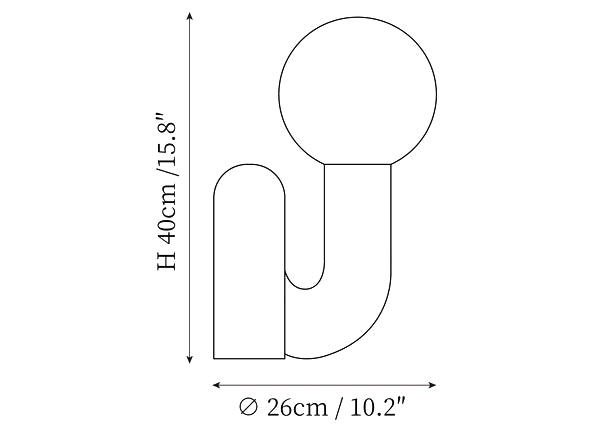 Clérachic table lamp dimension drawing, every measurement marked in centimetres and inches.